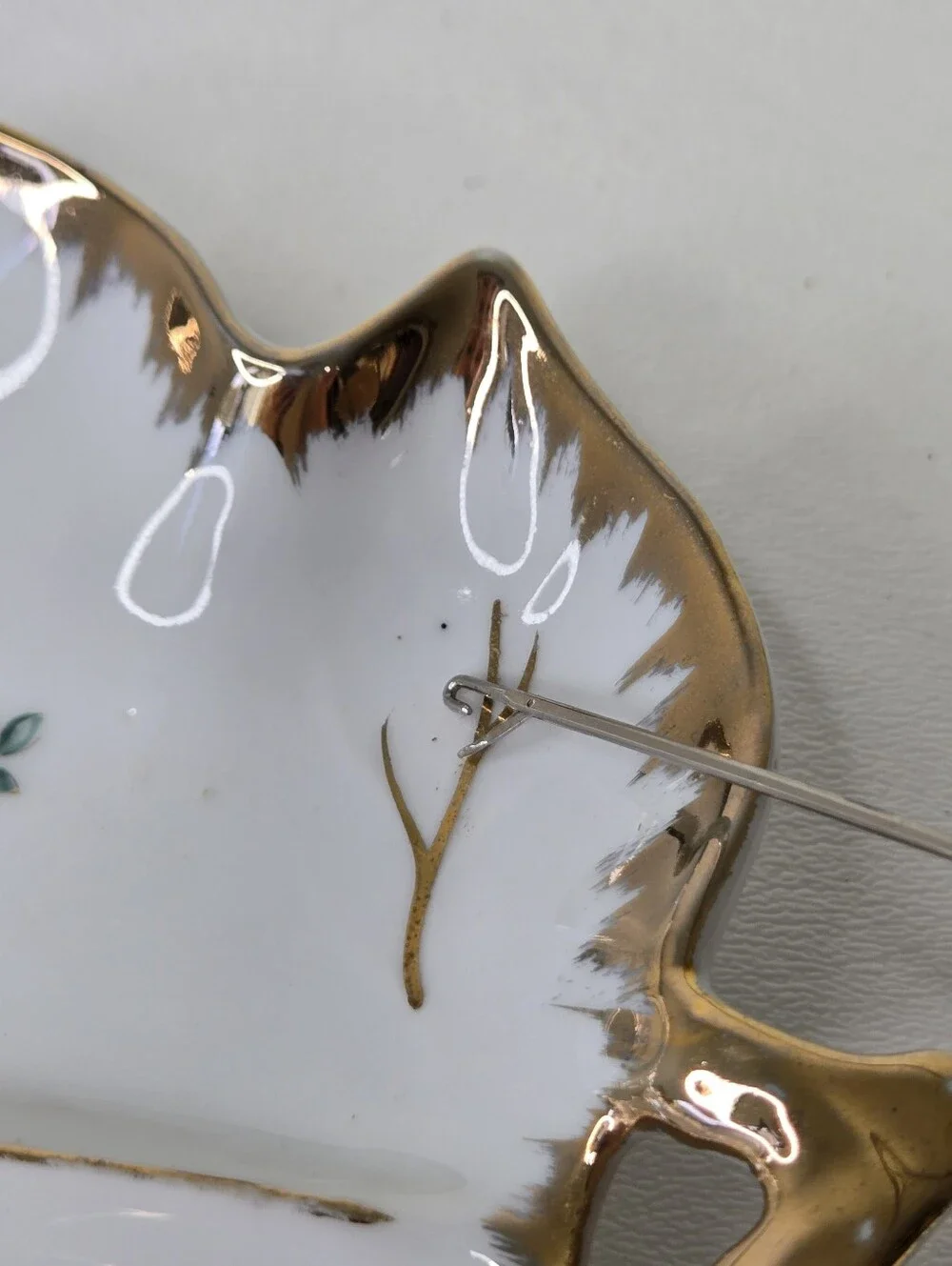 Vintage Porcelain Leaf Trinket Dish Floral Divided Candy Nut Tray Gold Trim Gilt